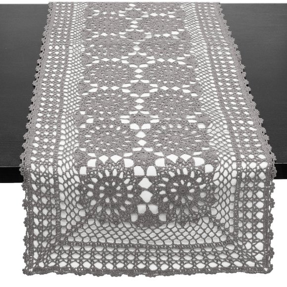 Dark Grey Handmade Crochet Mandala Cotton Rectangular Table Runner - 16"W X 72"L - Picture 1 of 1